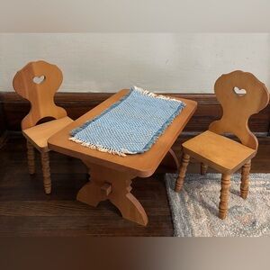 Vintage pleasant company Kirsten wooden  trestle table chairs blue tablecloth